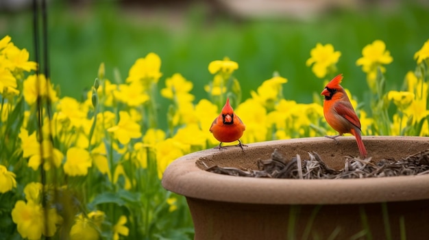 Rote Kardinäle sitzen in einem großen Pflanzer mit gelben Blumen auf dem Boden