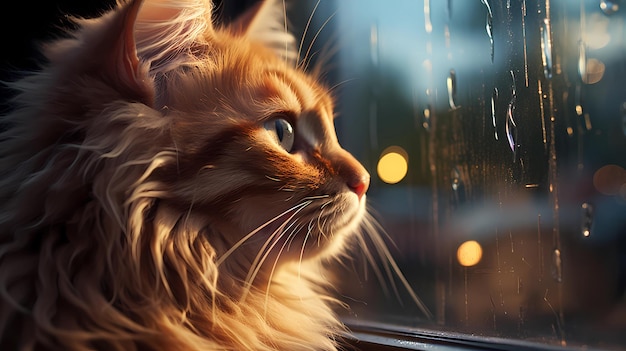Rote Katze beobachtet den Regen durch das Fenster