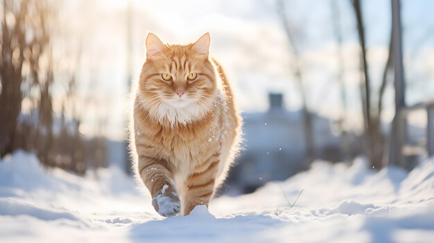 Rote Katze geht im Winter Neuralnetzwerk ai generiert