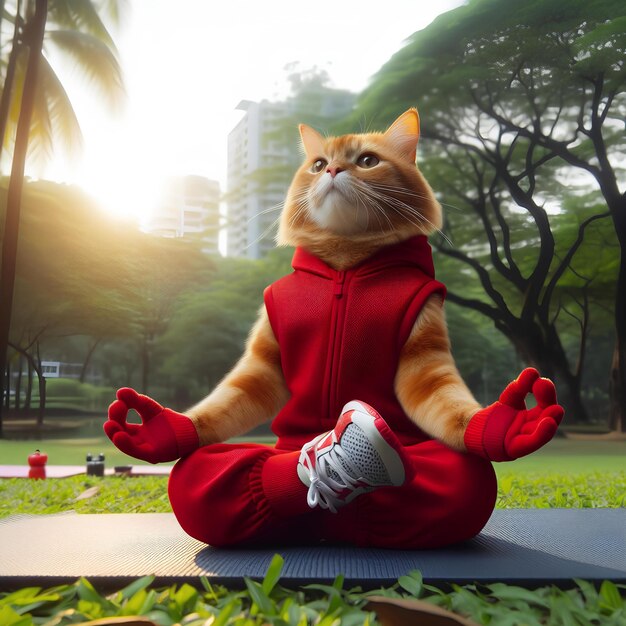 rote Katze in Sportkleidung macht Yoga im öffentlichen Park