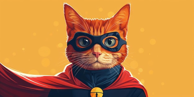 Rote Katze Superheld in einem Anzug Katze in einer Maske auf einem gelben Hintergrund Generative KI
