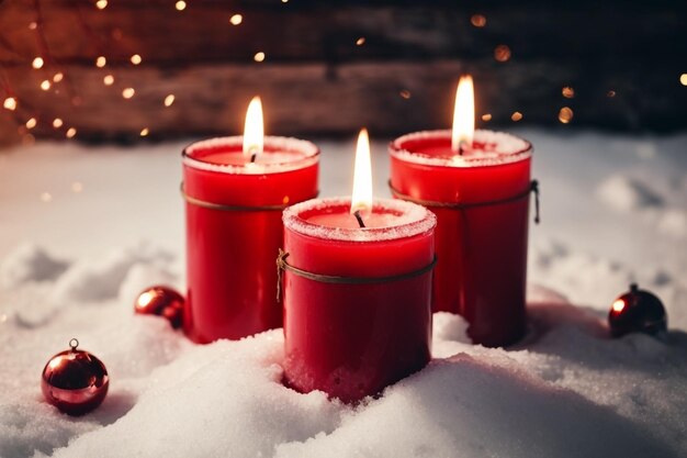 Rote Kerzen auf Schnee mit Vintage-Holz in der Adventzeit