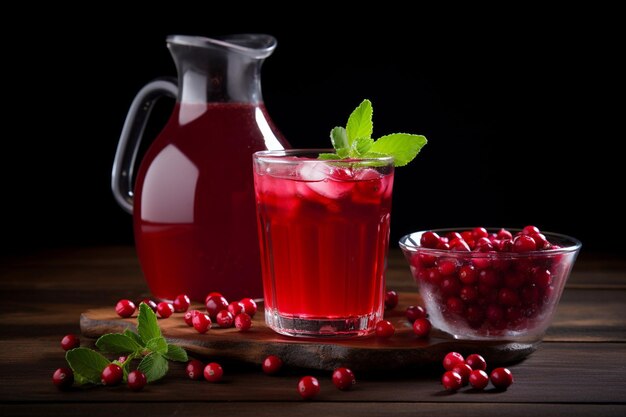 Foto rote kornel in einem glasbecher auf einem gekennzeichneten handtuch mit einem glas saft