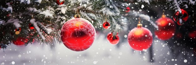 Rote Kugeln auf Tannenzweigen Weihnachtskonzept mit Kopierraum