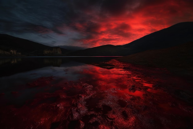 rote Landschaft mit See und Bergen