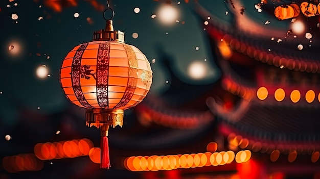 Rote Laterne vor dem Hintergrund einer wunderschönen Pagode, die mit roten Laternen zum chinesischen Neujahr geschmückt ist