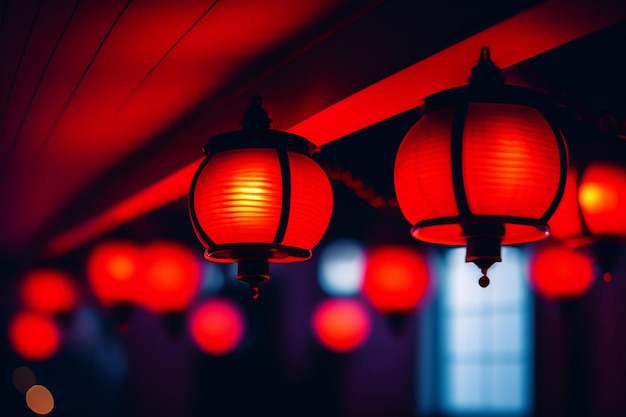 Rote Laternen in einem dunklen Raum mit dem Wort Chinesisch auf der Unterseite