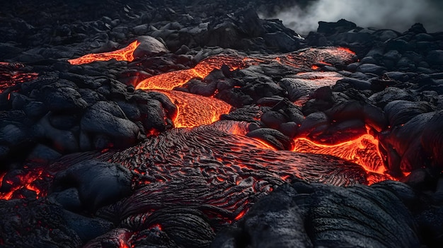 Rote Lava auf schwarzem Vulkangrund