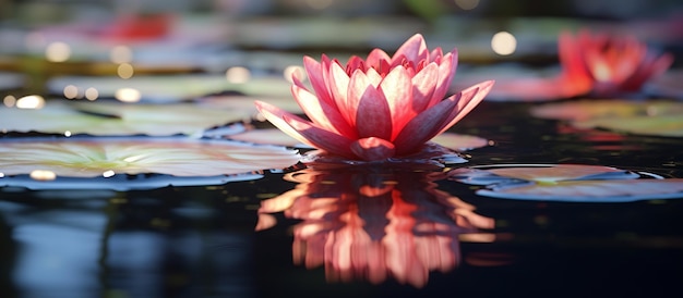 Foto rote lotus-wasserlilie blüht mit sonnenschein auf der wasseroberfläche