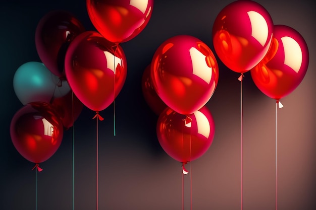 Rote Luftballons im Dunkeln mit dem Wort Liebe auf der Unterseite