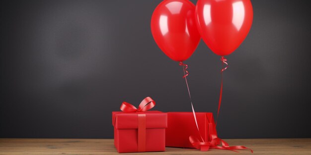 Rote Luftballons, um die ein rotes Band gebunden ist, und eine Geschenkbox, an der ein rotes Band befestigt ist.