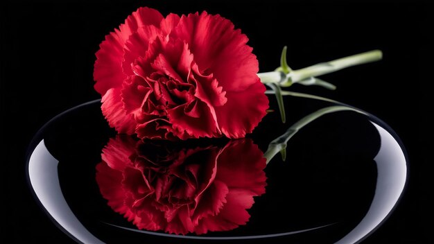 Rote Nelkenblume reflektiert auf Glas über schwarzem Hintergrund