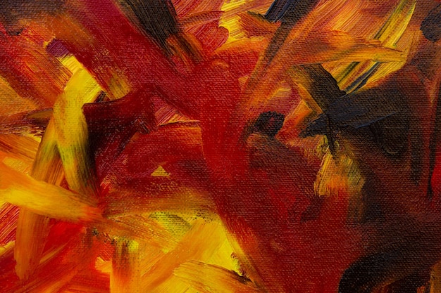 Rote orange gelbe schwarze Malerei. Abstrakter mehrfarbiger Kunsthintergrund mit Ölfarben. Modernes handgemachtes Design auf Leinwand mit Pinsel. Ein konzeptionelles Bild des Feuers. Malerischer warmer Herbsthintergrund.