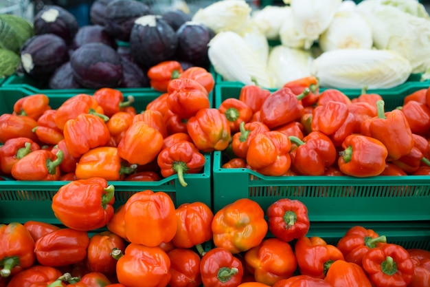 Rote Paprika auf einer Ladentheke.