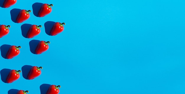 Rote Paprika mit dunklen schwarzen tiefen Schatten auf blauem Hintergrund flach lag.