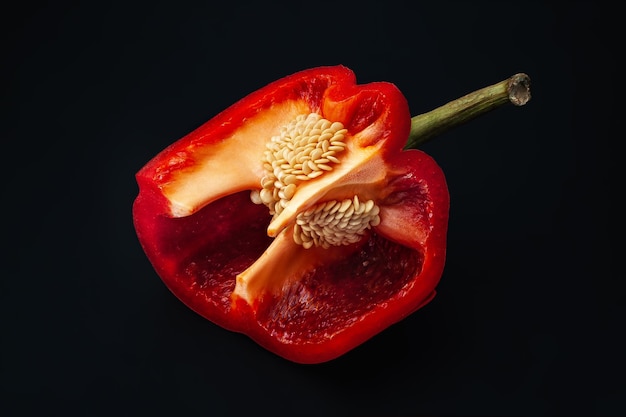 Rote Paprika mit Samen Geöffnete Paprika mit Fruchtfleisch auf schwarzem Hintergrund Bio-Lebensmittel