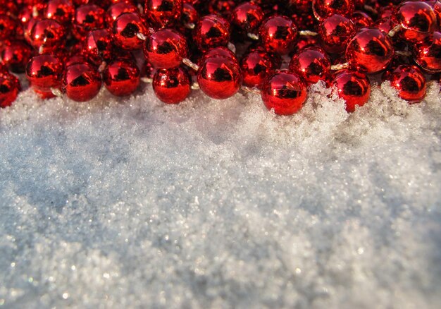 Rote Perlen auf einem Hintergrund von Neuschnee am sonnigen Tag. Platz zum Kopieren, Text, Ihre Worte. Horizontal