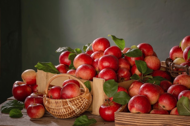 Rote Äpfel auf altem Holztisch auf grüner Hintergrundwand