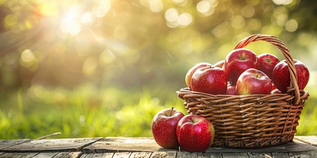 Rote Äpfel in einem Korb auf einem Holztisch ein verschwommenes grünes Gras und Sonnenlicht Hintergrund Herbsternte gesundes Essen Konzept Heller sonniger Tag