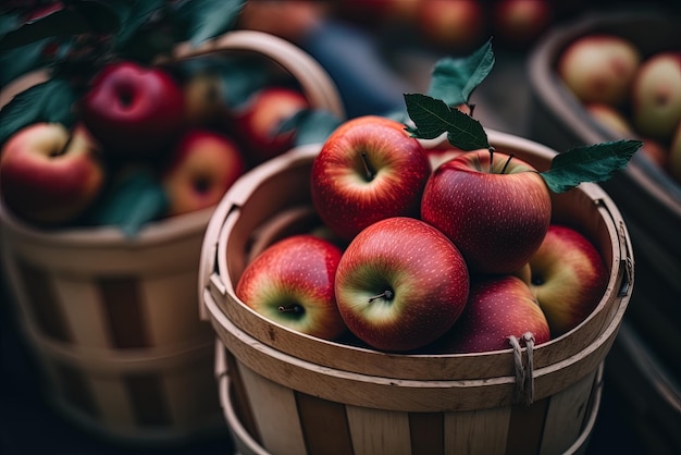 Rote Äpfel in kleinen Körben auf dem Markt aus der Nähe gesehen