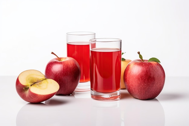 Rote Äpfel mit Gläsern Saft isoliert auf weißem Hintergrund