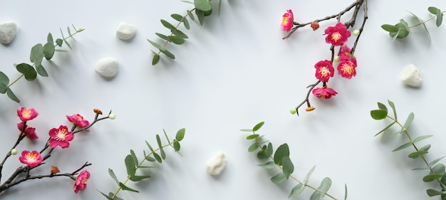 Rote Pflaumenblumen auf Zweigen frische Eukalyptusblätter Chinesisches Neujahrsdesign-Banner