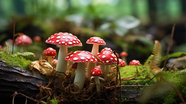 Rote Pilze mit weißen Flecken auf dem moosigen Waldboden