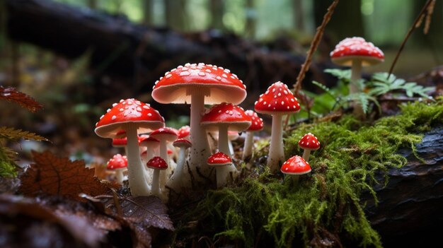 Rote Pilze mit weißen Flecken in einem sonnigen Wald