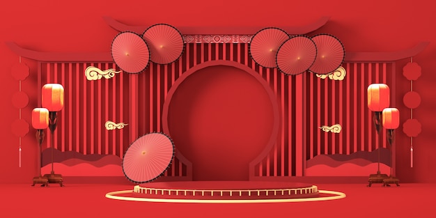 Rote Plattform auf rotem Hintergrund im chinesischen Stil