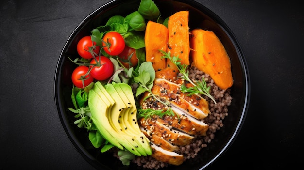 Rote Quinoa-Schüssel mit Avocado, Rettichen, Scallions, Kirschtomaten, Schnitzel und frischem Basilikum