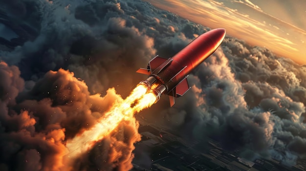 Rote Rakete fliegt durch den bewölkten Himmel