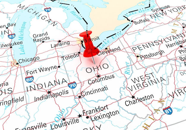 Rote Reißzwecke über Ohio State USA Karte. 3D-Rendering