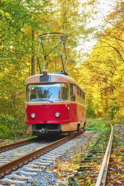 Rote Retro-Straßenbahn fährt entlang der Strecke