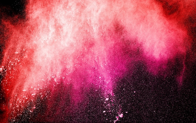 Rote rosa Pulverexplosion auf schwarzem Hintergrund.