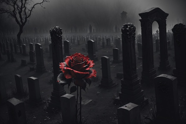 Rote Rose auf einem dunklen Friedhof mit Nebel