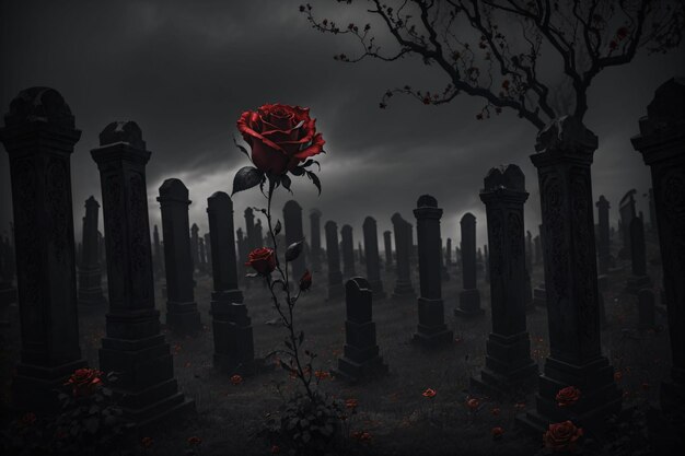 Rote Rose auf einem dunklen Friedhof mit Nebel