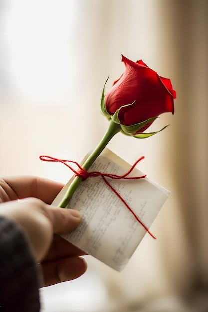 Rote Rose der Liebe fesselnde Hände, die ein Symbol der Zuneigung mit angehängter Liebeserklärung halten