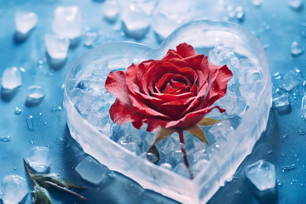 Rote Rose mit Eiswürfeln in Form eines Herzens auf blauem Hintergrund