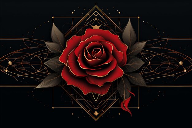 Rote Rose mit geometrischem goldenem Rahmen und Linienhintergrund