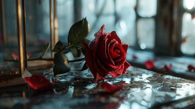 Rote Rose mit Wassertropfen auf dem Tisch zum Valentinstag