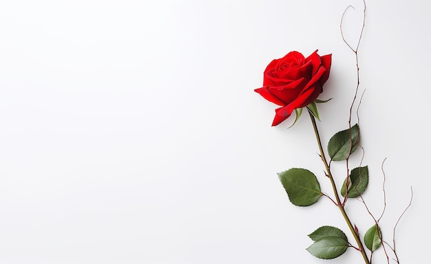 Rote Rose mit wunderschönen Blattstängeln auf einem einfachen eleganten weißen Raum für Ihren Text