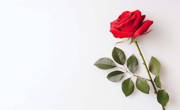 Rote Rose mit wunderschönen Blattstängeln auf einem einfachen eleganten weißen Raum für Ihren Text