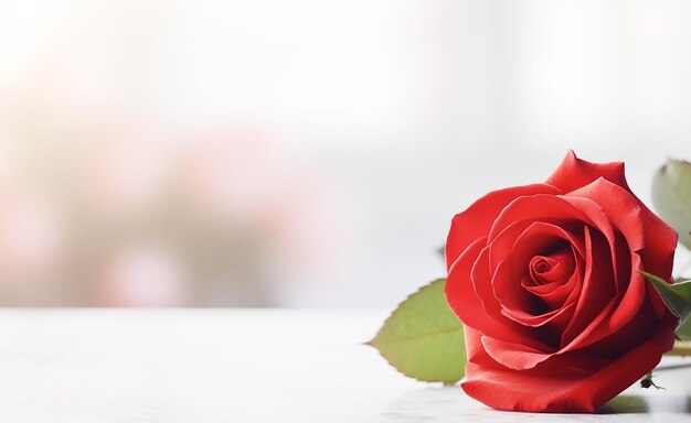 Foto rote rose mit wunderschönen blattstängeln auf einem einfachen eleganten weißen raum für ihren text