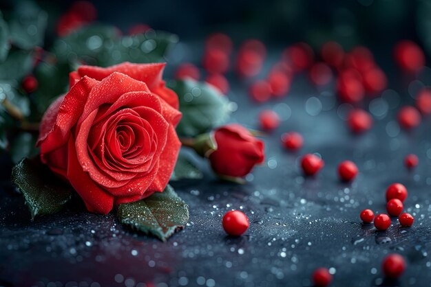 Rote Rose und Perlen auf dunkelgrauem Hintergrund mit Kopierplatz Valentinstagskarte