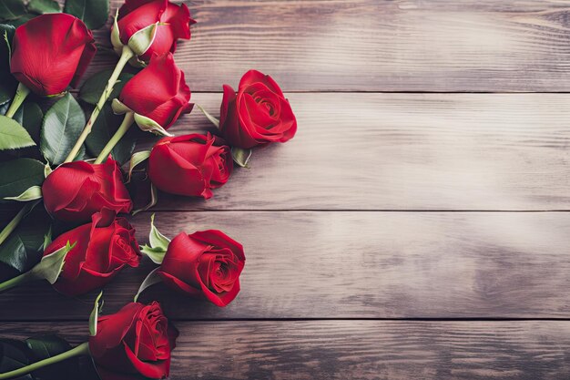 Rote Rosen auf einem Holztisch mit Kopierplatz für Text