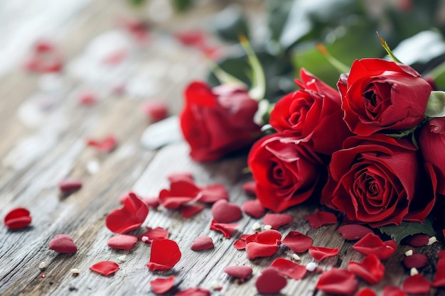 Rote Rosen auf einem Holztisch