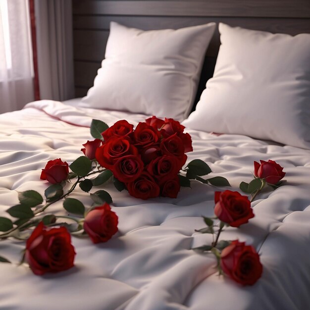 Foto rote rosen auf weißem bettlaken mit verstreuten blütenblättern, romantischer bett-arrangement-hintergrund