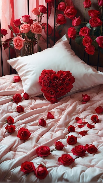 Rote Rosen auf weißem Bettlaken mit verstreuten Blütenblättern, romantischer Bett-Arrangement-Hintergrund