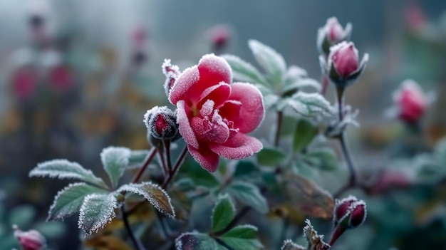 Rote Rosen bedeckt mit Frost im Wintergarten generative KI