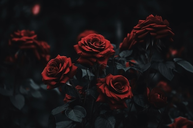 Rote Rosen dunkel stimmungsvoller romantischer Hintergrund Nahaufnahme Blumenbanner Ai generiert